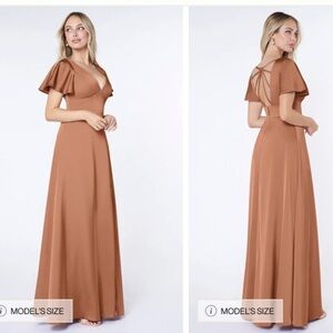 Azazie LANI bronzer size a6 Rust orange fall Maxi bridesmaid Dress flutter